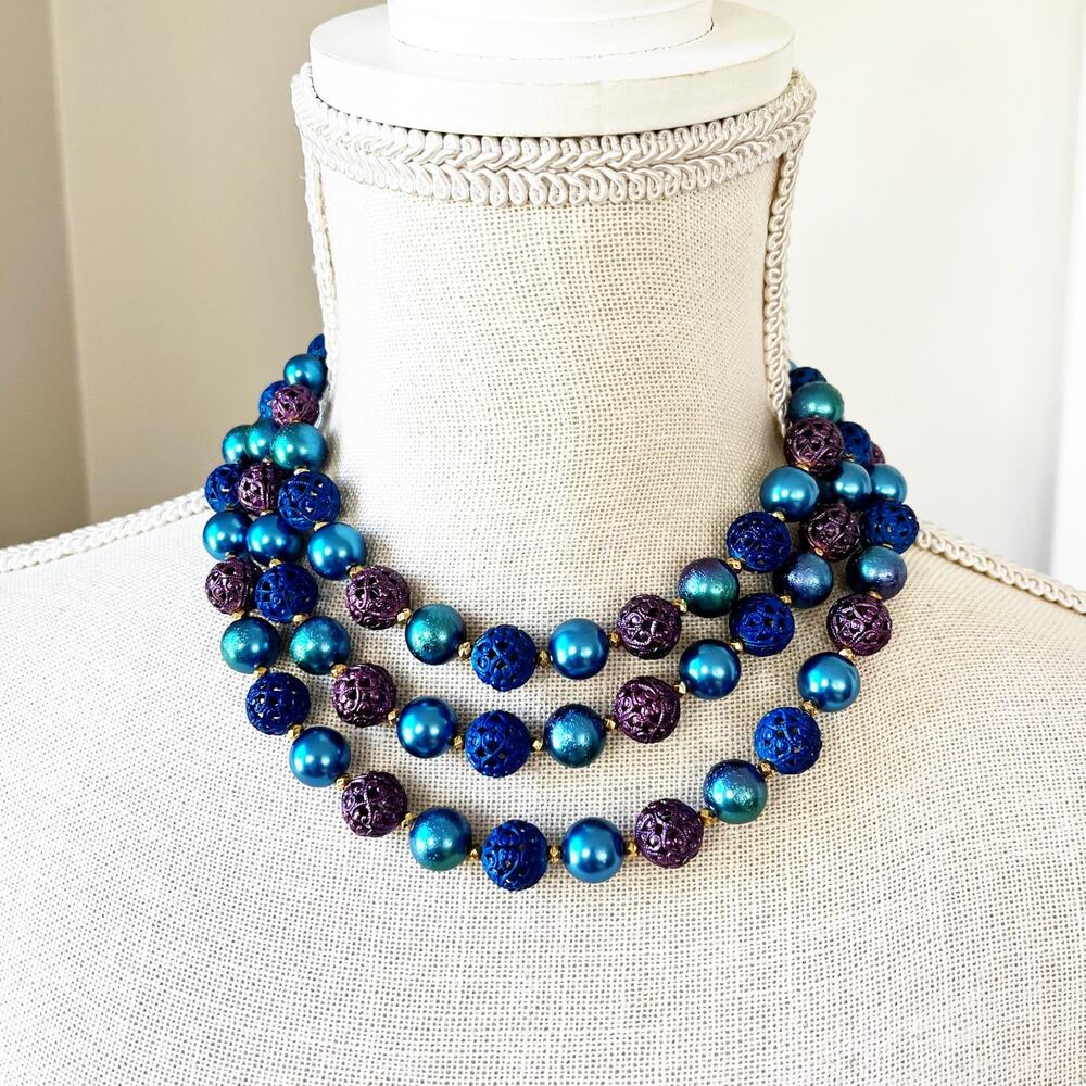 Vintage Blue & Purple Open Work Bead 3-Strand Necklace